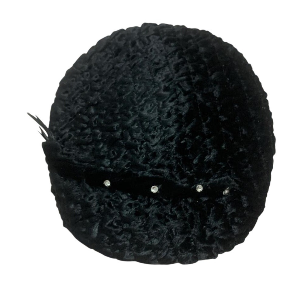 1960s vintage black faux fur beret with rhinestone details